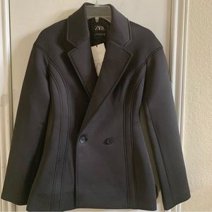 NWT Zara black faux leather double breasted blazer, size XS